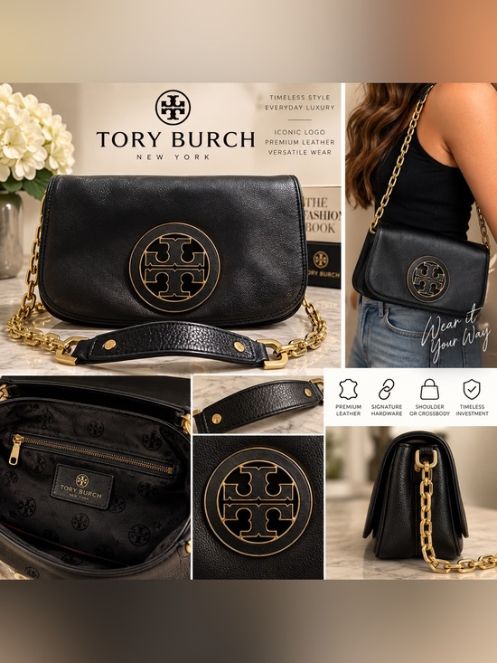 Tory Burch Handbags - * AUTHENTIC* Tory Burch Black Leather Shoulder Bag with Gold Logo